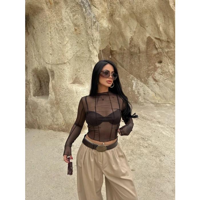 Kahve Ön Şeritli Tül Bluz