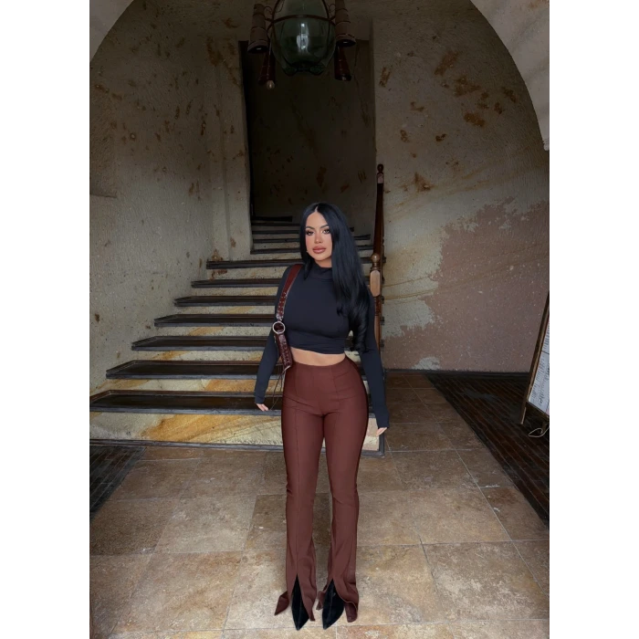 Kahve Ön Yırtmaçlı Fitilli Pantolon