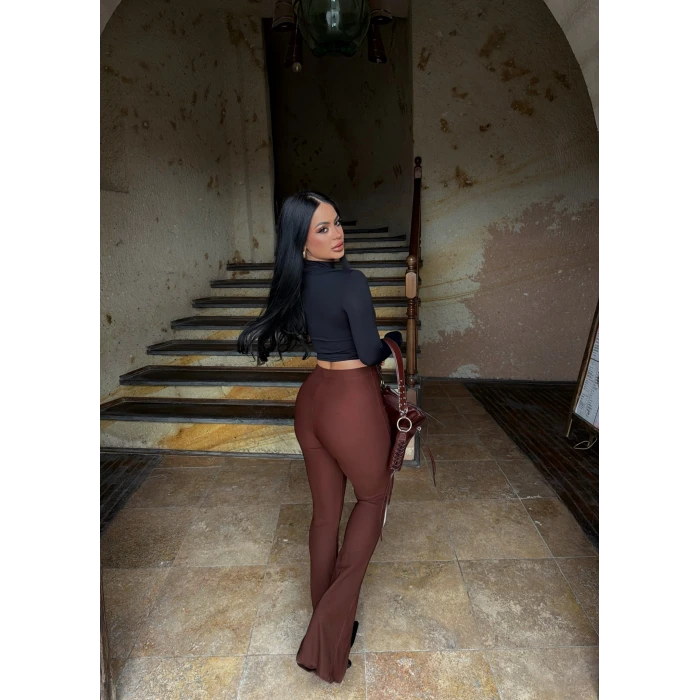 Kahve Ön Yırtmaçlı Fitilli Pantolon