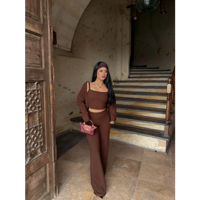 Kahve Örme Hırka Üçlü Takım