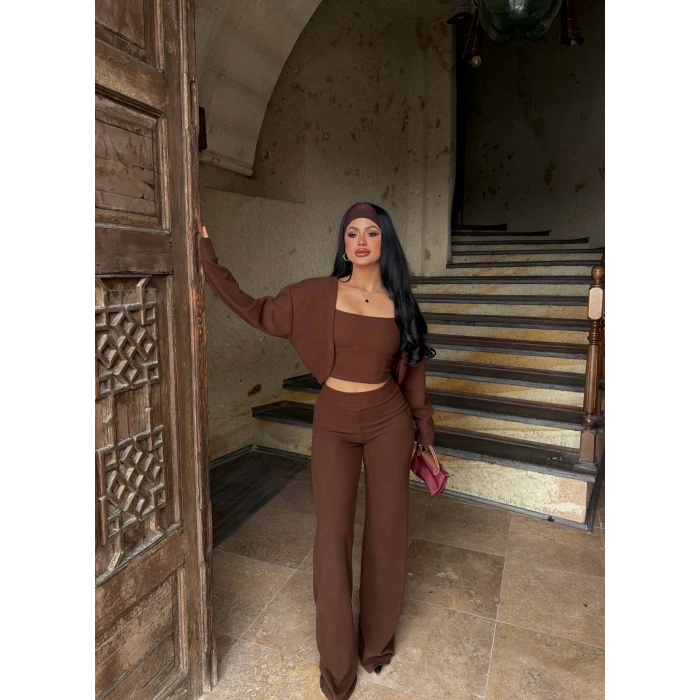 Kahve Örme Hırka Üçlü Takım