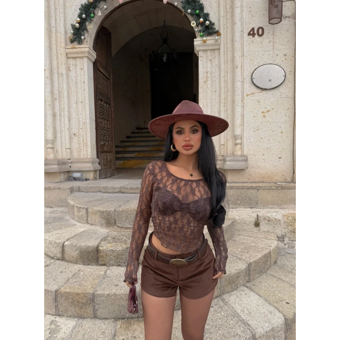 Kahve Oval Yaka Güpürlü Crop