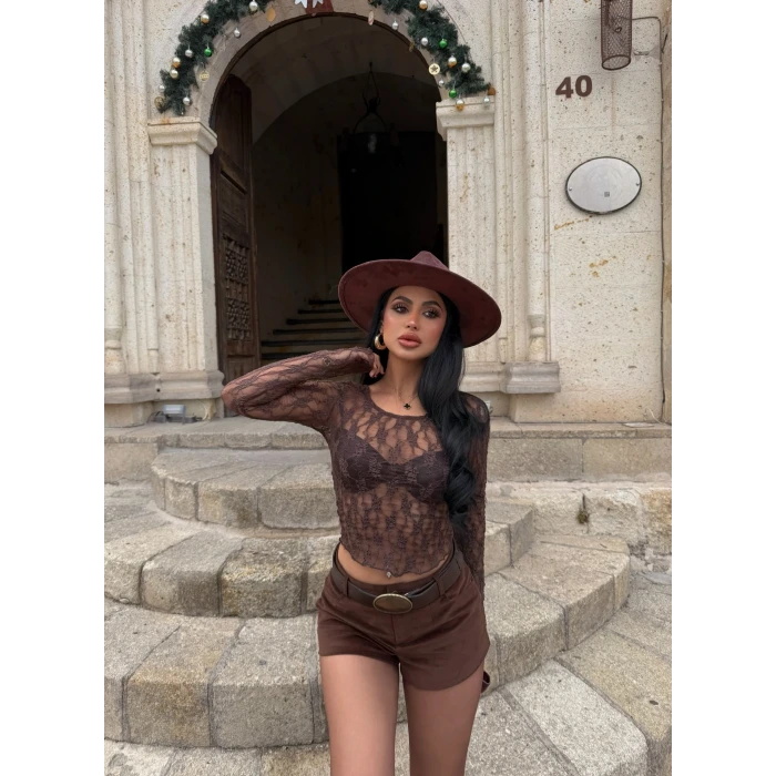 Kahve Oval Yaka Güpürlü Crop