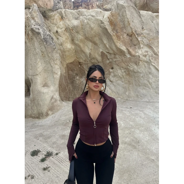 Kahve Parmak Geçmeli Fermuarlı Crop