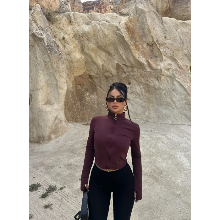 Kahve Parmak Geçmeli Fermuarlı Crop