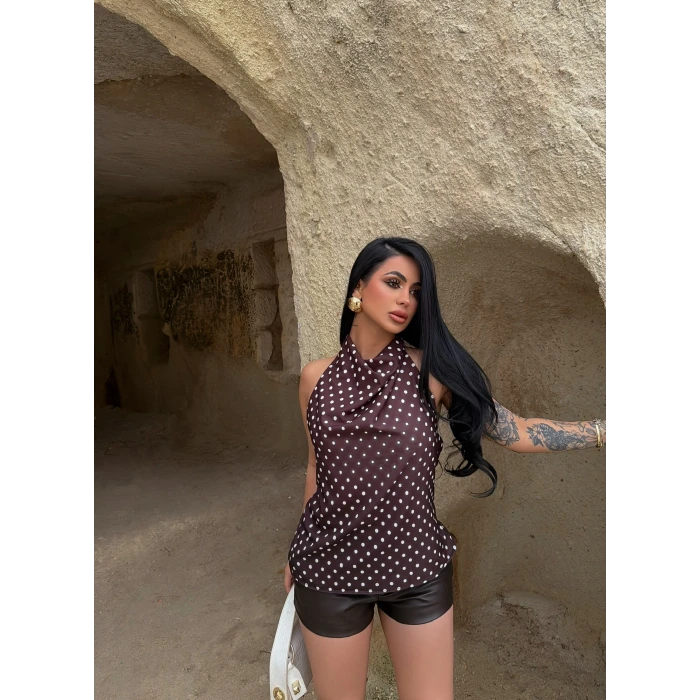 Kahve Puantiyeli Degaje Bluz