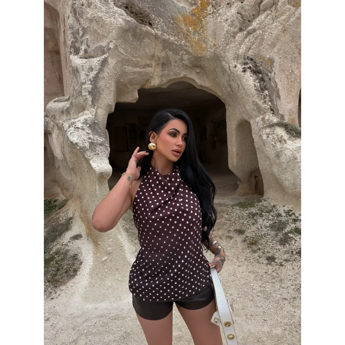 Kahve Puantiyeli Degaje Bluz