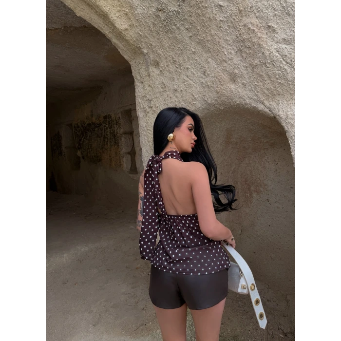 Kahve Puantiyeli Degaje Bluz