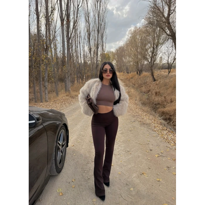 Kahve Ribanalı Yüksek Bel Tayt