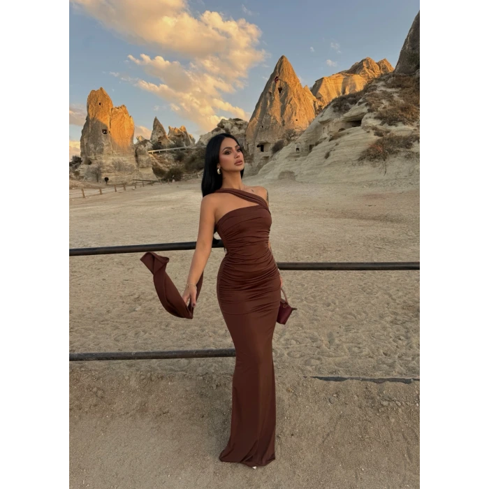 Kahve Şal Detay Maxi Elbise