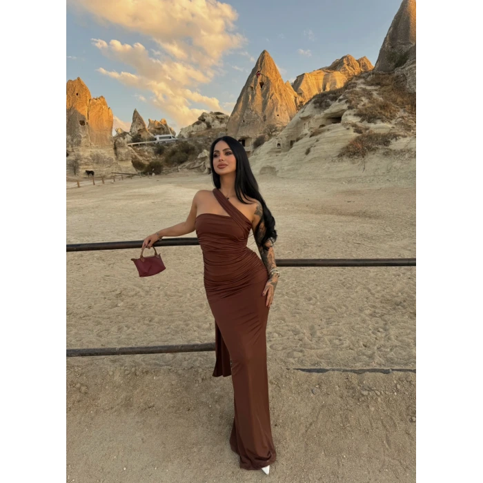 Kahve Şal Detay Maxi Elbise