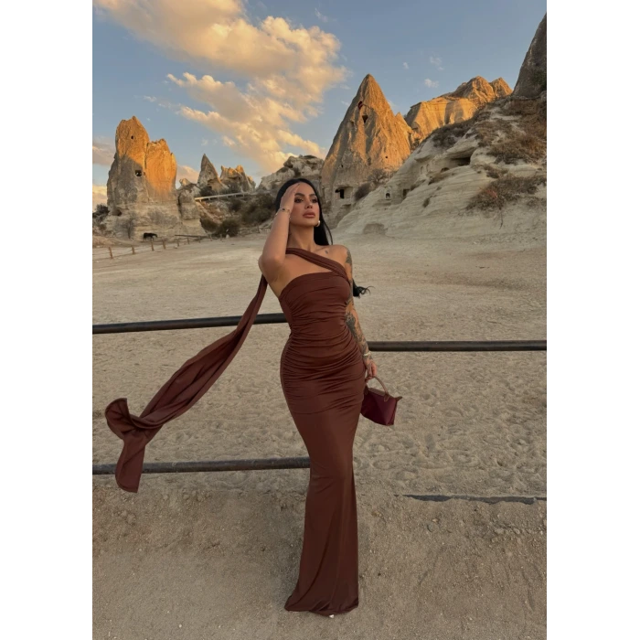 Kahve Şal Detay Maxi Elbise