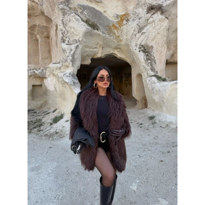 Kahve Şal Yaka Saçaklı Kürk