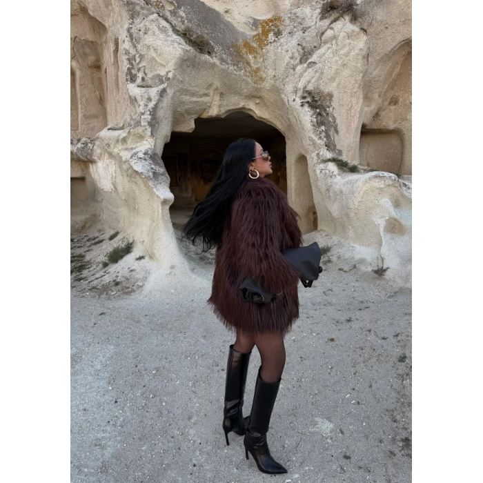 Kahve Şal Yaka Saçaklı Kürk