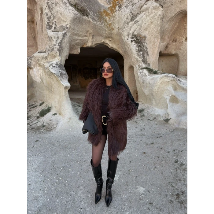 Kahve Şal Yaka Saçaklı Kürk