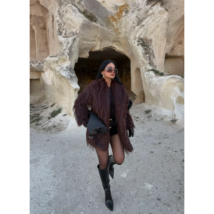 Kahve Şal Yaka Saçaklı Kürk