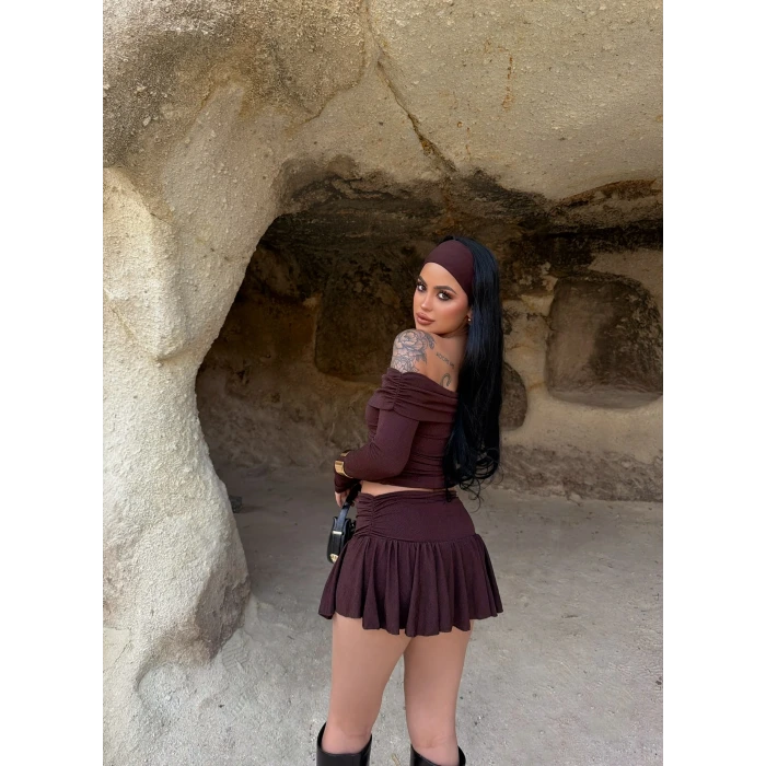 Kahve Simli Etek Bluz İkili Takım