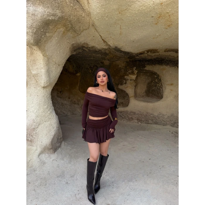 Kahve Simli Etek Bluz İkili Takım