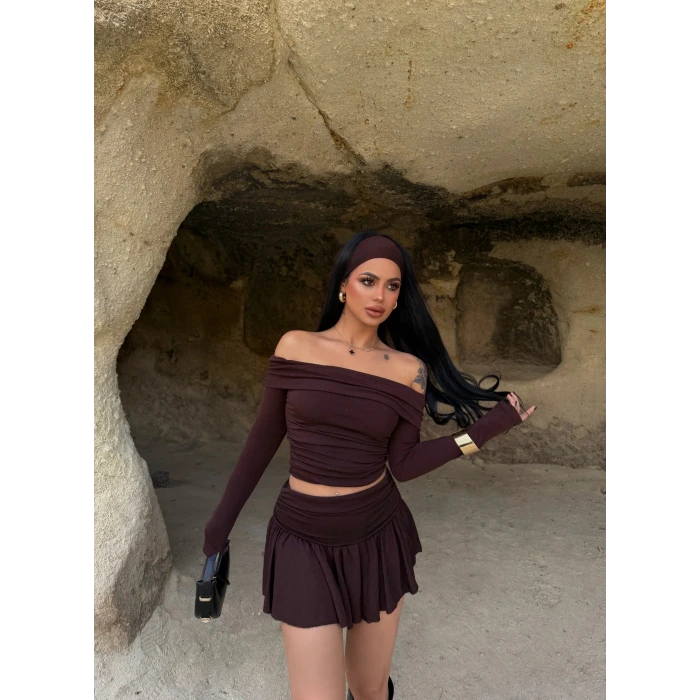 Kahve Simli Etek Bluz İkili Takım