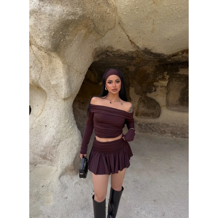 Kahve Simli Etek Bluz İkili Takım