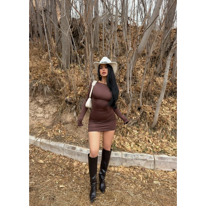 Kahve Sırt Açık Kayık Yaka Elbise