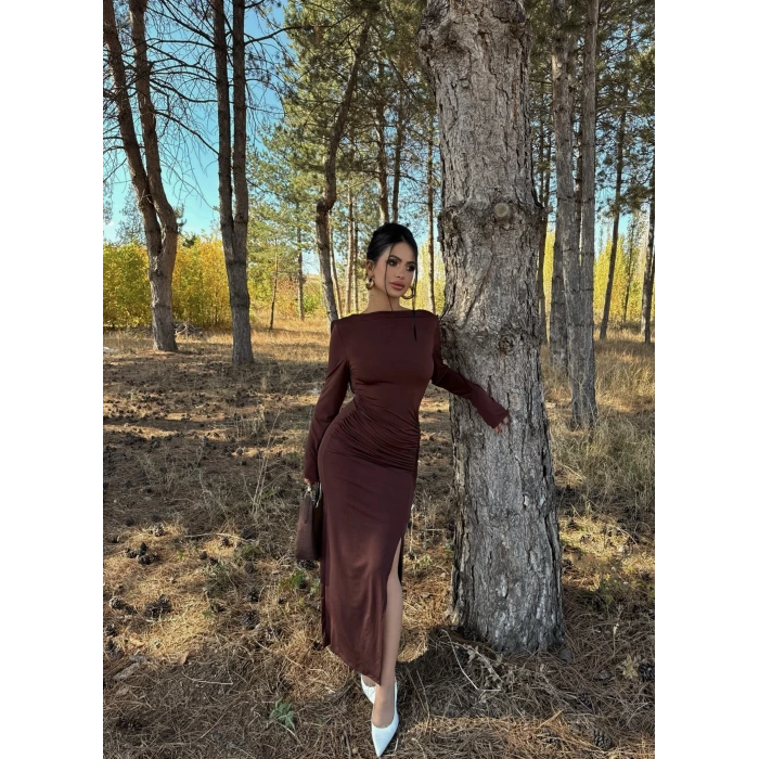 Kahve Sırt Degaje Sandy Elbise