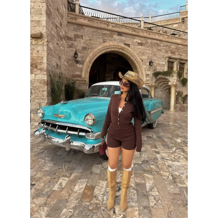Kahve Şortlu Bodysuit Triko İkili Takım