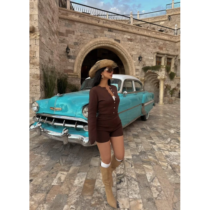 Kahve Şortlu Bodysuit Triko İkili Takım