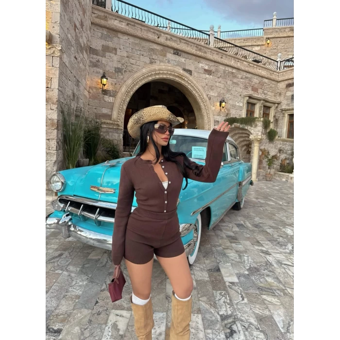 Kahve Şortlu Bodysuit Triko İkili Takım