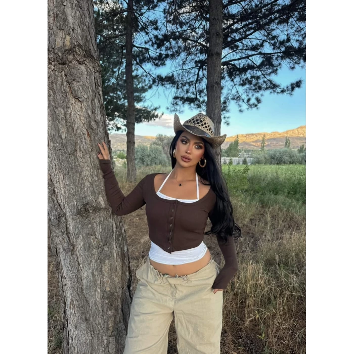 Kahve Twist Çıtçıtlı Crop Set
