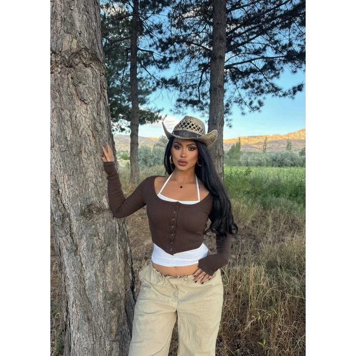 Kahve Twist Çıtçıtlı Crop Set