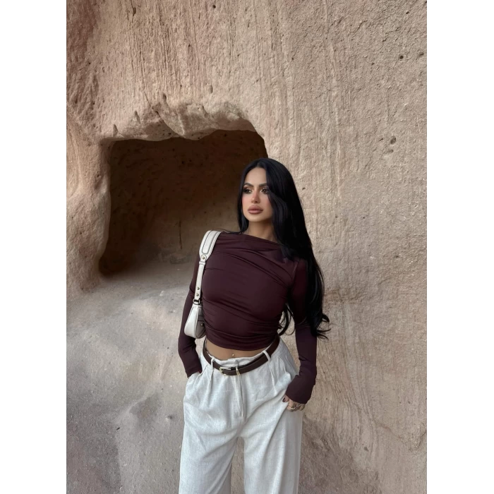 Kahve Yaka Degaje Büzgülü Crop