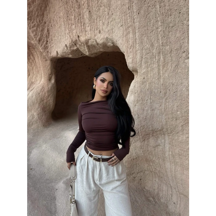 Kahve Yaka Degaje Büzgülü Crop