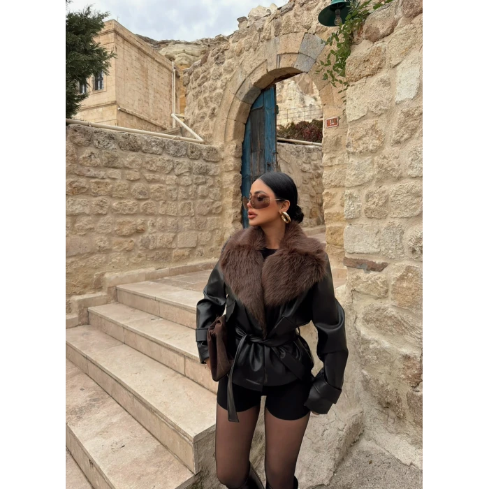 Kahve Yakası Kürklü Deri Mont