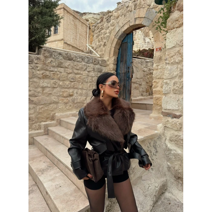 Kahve Yakası Kürklü Deri Mont