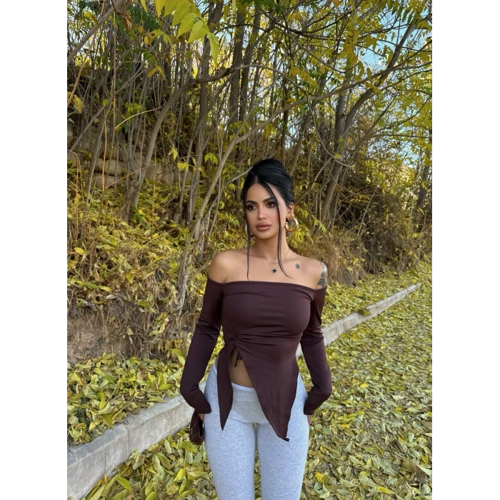 Kahve Yandan Büzgülü Straplez Crop