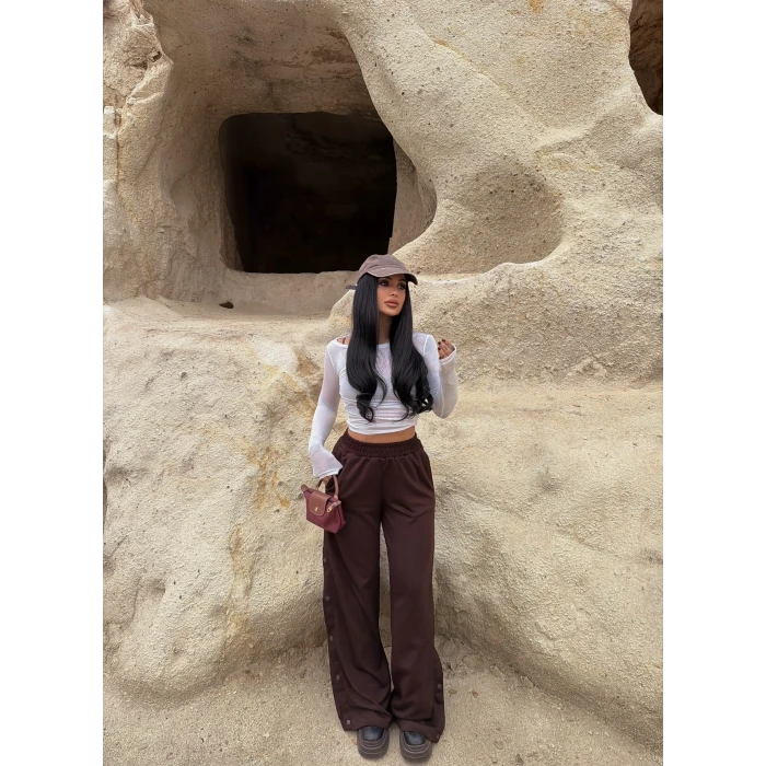 Kahve Yanı Çıtçıtlı Palazzo Pantolon
