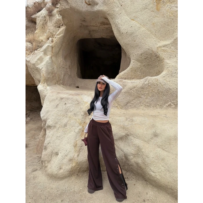 Kahve Yanı Çıtçıtlı Palazzo Pantolon