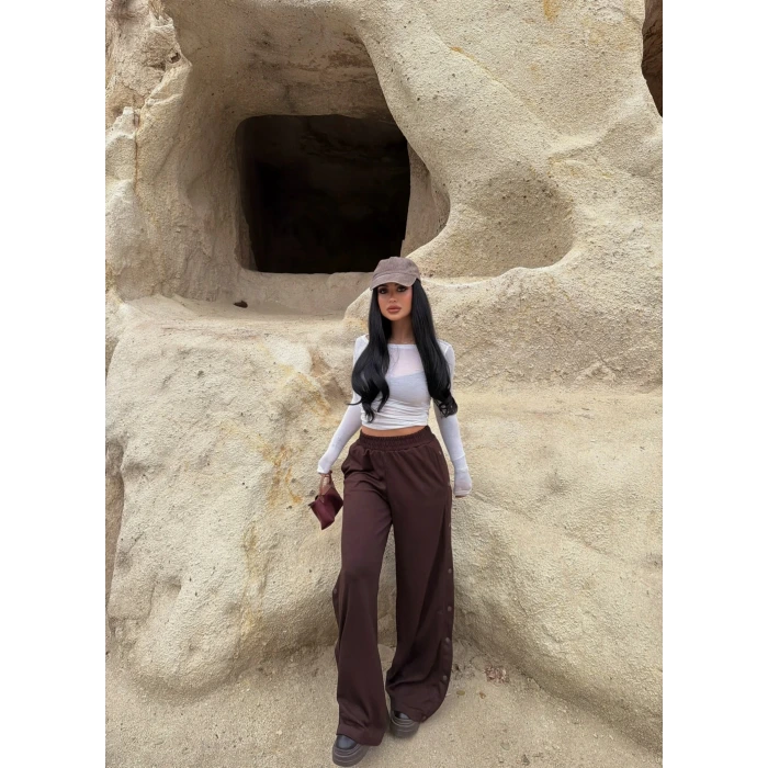 Kahve Yanı Çıtçıtlı Palazzo Pantolon