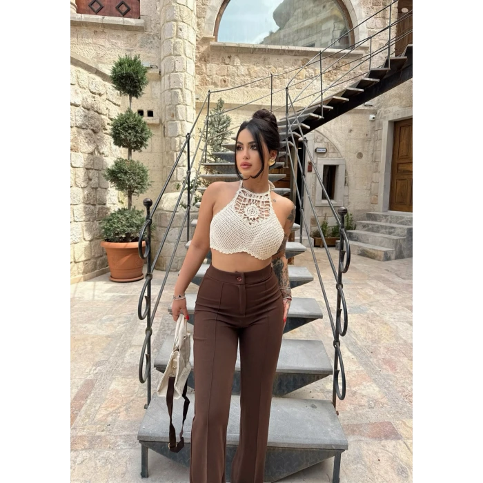 Kahve Yüksek Bel Atlas Pantolon