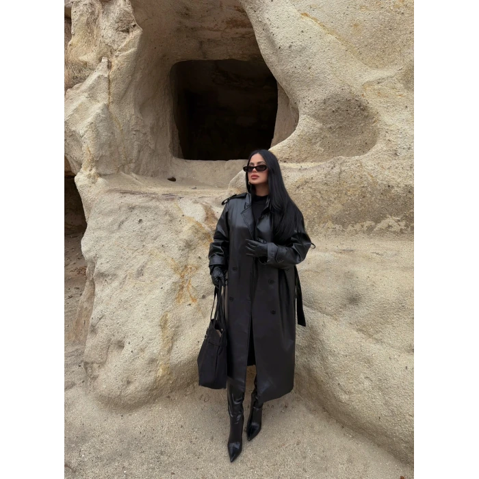 Kemerli Deri Long Trenç