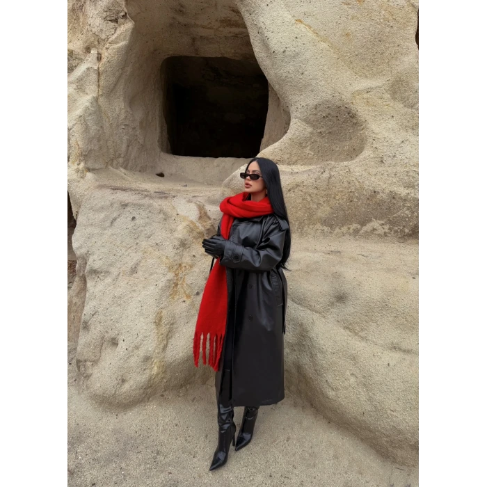 Kemerli Deri Long Trenç