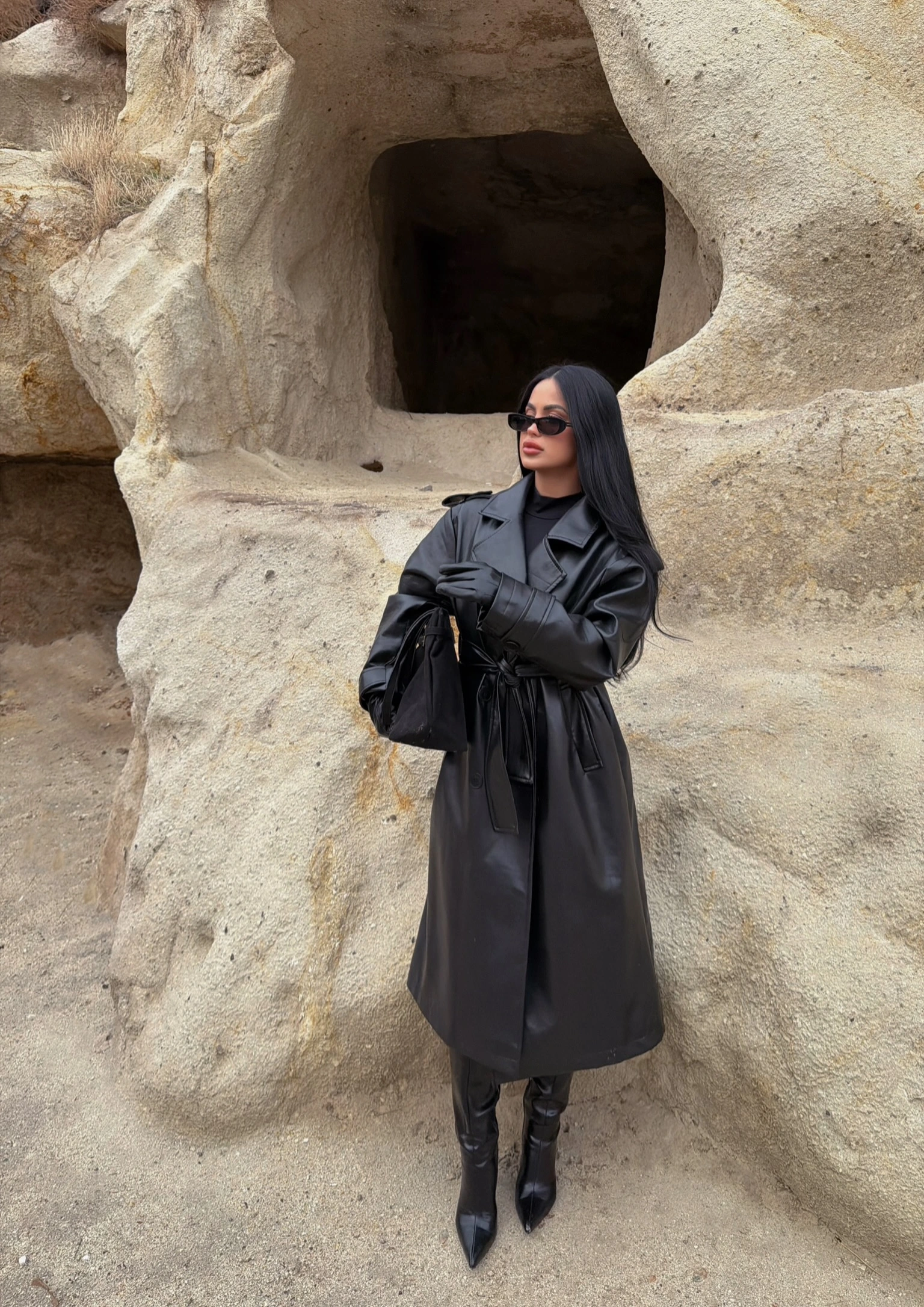 Kemerli Deri Long Trenç