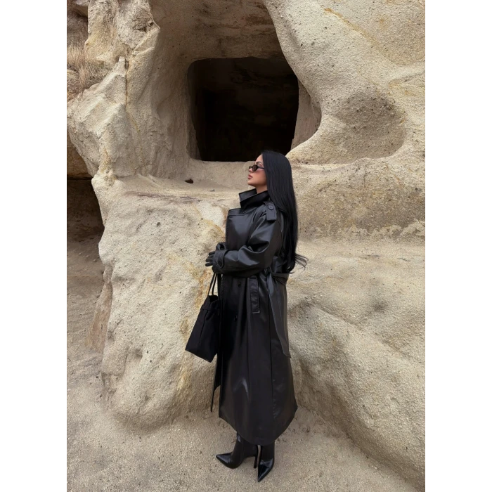 Kemerli Deri Long Trenç