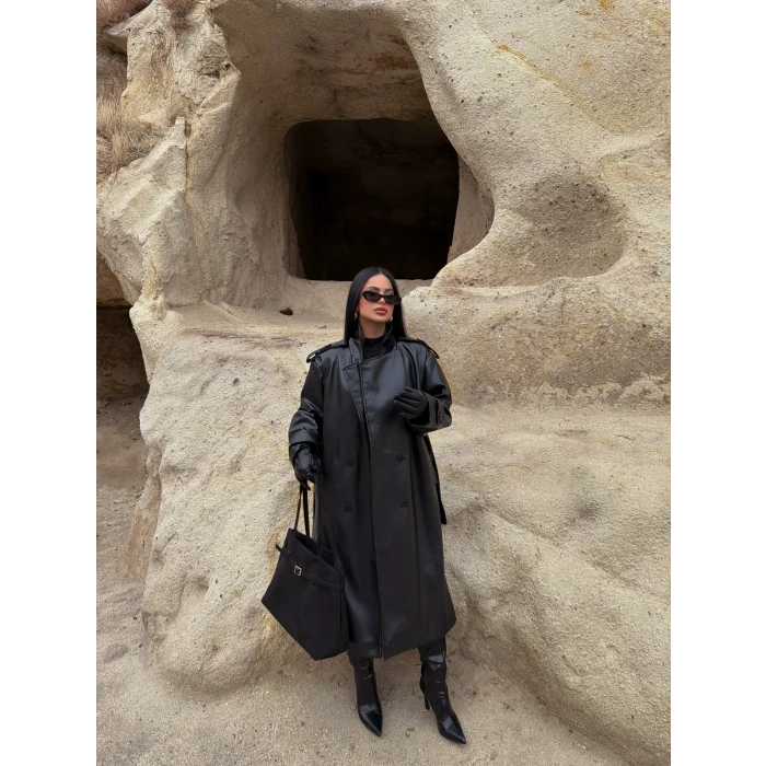 Kemerli Deri Long Trenç