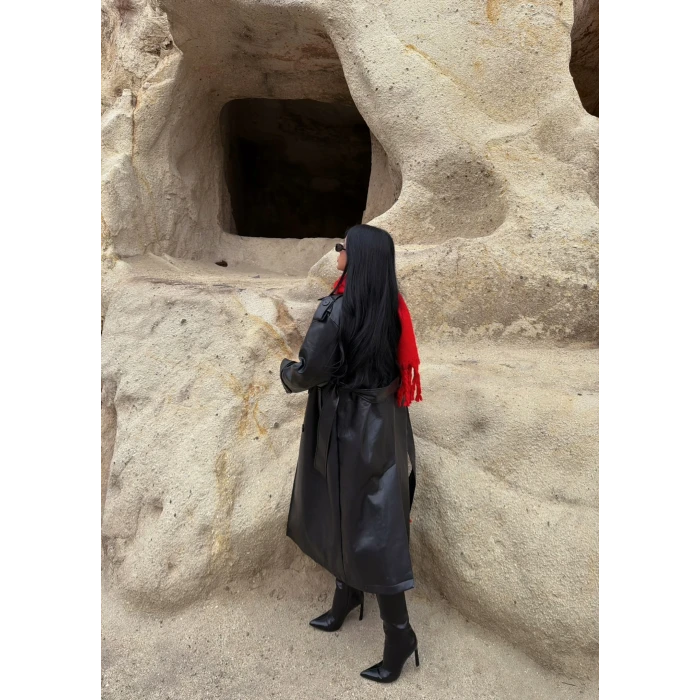 Kemerli Deri Long Trenç