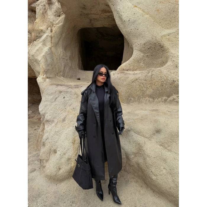 Kemerli Deri Long Trenç