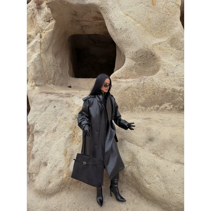 Kemerli Deri Long Trenç