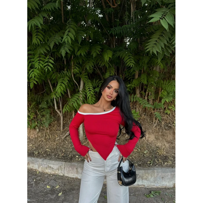 Kırmızı Asimetrik Biyeli Crop