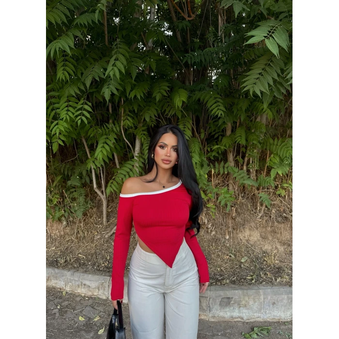 Kırmızı Asimetrik Biyeli Crop